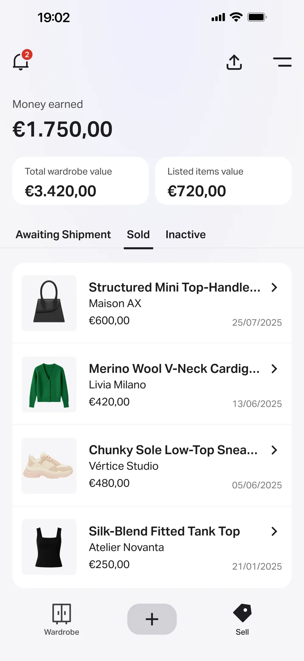 Resellify app: earnings, wardrobe value and sold items